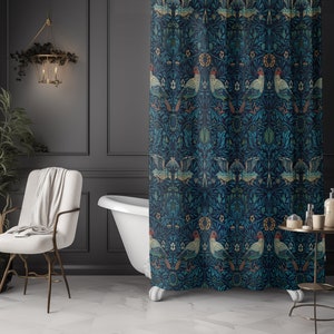 William Morris shower curtain Art nouveau shower curtain retro bath curtain dark bird shower curtain navy blue shower curtain floral luxury