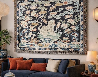 Chinese Tiger Tapestry Woven Cotton Wall Hanging Historic Chinese Wall Tapestry Asian Textile Art Traditional Chinese Tapestry Eclelctic