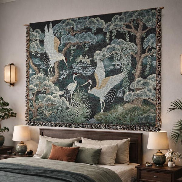 Japanese Crane woven tapestry green Asian wall hanging green Japandi tapestry botanical woven wall tapestry green Bird Tapestry Forest