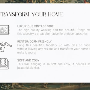 May include: A white card with the text "TRANSFORM YOUR HOME" and three bullet points describing a tapestry. The card is decorated with gold accents and set against a backdrop of a detailed, vintage-style tapestry.