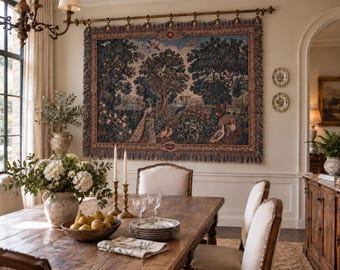 Italian Garden Verdure Woven Tapestry 18th Century European Tapestry Peacock Bird Wall Hanging, Antique Botanical Wall Art Orchard tapestry