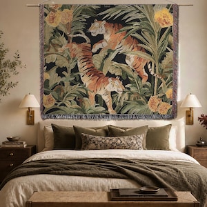 Tapiz de tigre tejido en algodón verde, tapiz de selva tejido, tapiz de pared maximalista, tapiz de tigre chino, tapiz de pared maximalista tropical 60"x50" horizontal