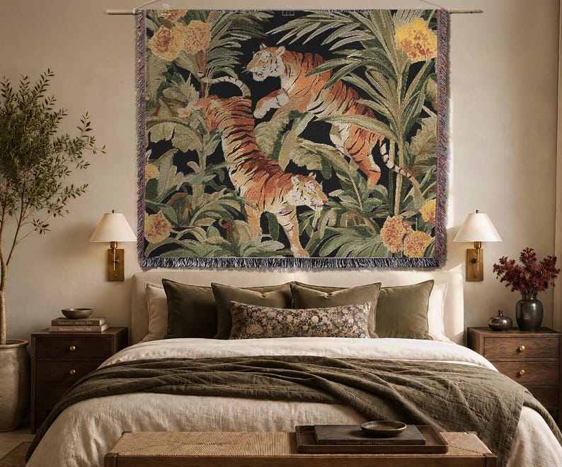 Tapiz de tigre tejido en algodón verde, tapiz de selva tejido, tapiz de pared maximalista, tapiz de tigre chino, tapiz de pared maximalista tropical 60"x50" horizontal