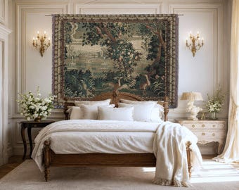 French Tapestry Woven Wall Hanging Cotton Verdure Château And Garden European Wall Tapestry Vintage Wall Hanging Cotton Medieval Tapestry