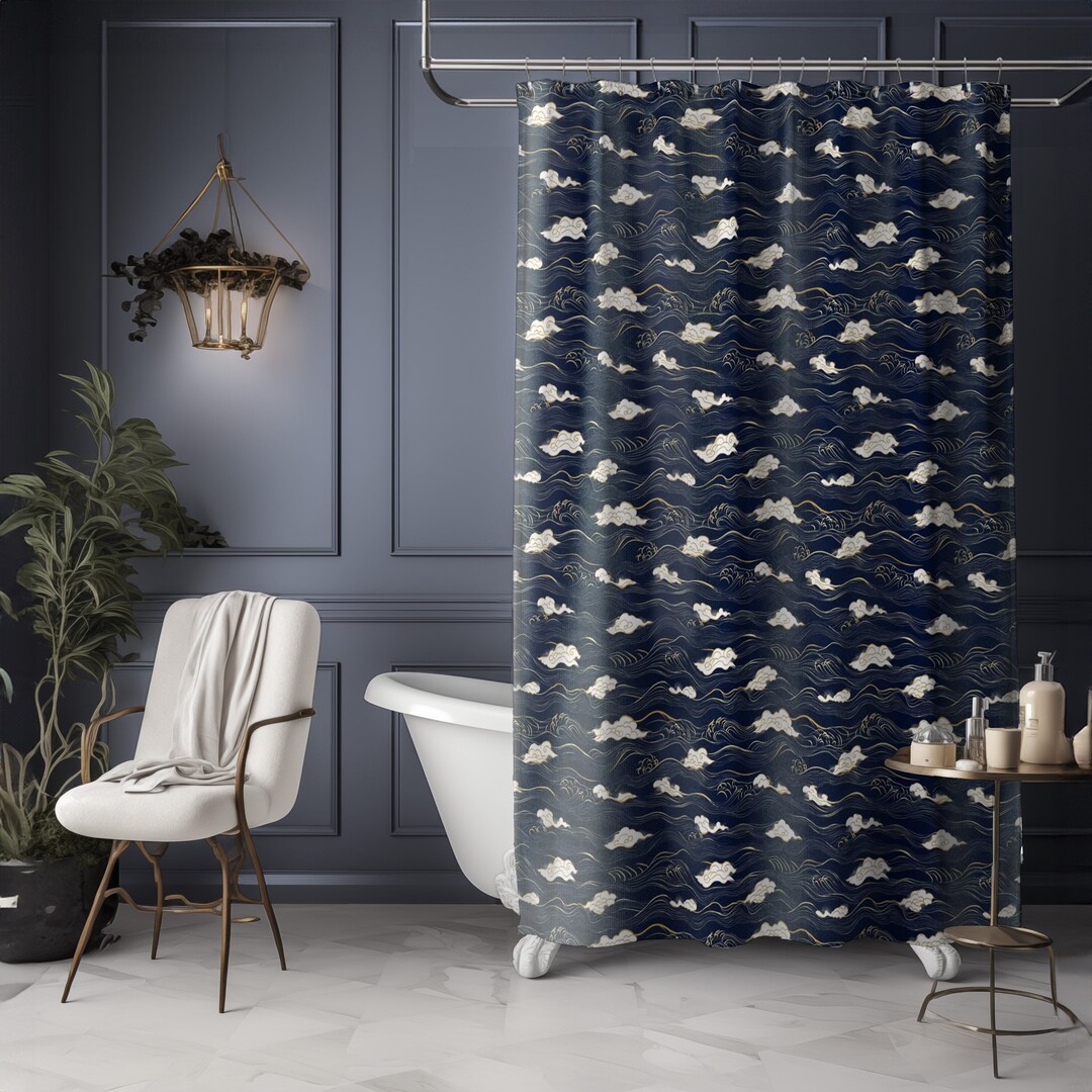 Wave Shower Curtain Ocean Retro Shower Curtain Navy Blue Bathtub ...