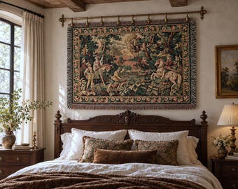 French Hunting Tapestry Wall Hanging Renaissance Medieval Hunt Scene Vintage Woven Cotton Jacquard Castlecore Wall Decor 20th Century Decor