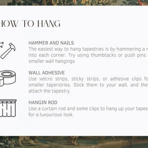 May include: A white graphic with instructions on how to hang tapestries, including using nails, wall adhesive, and a hanging rod. The text "HOW TO HANG" is at the top. The background has a tapestry design with gold details.