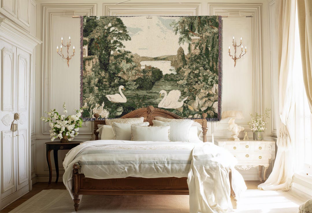 Swan Lake Woven Tapestry Romantic Verdure Cotton Wall Hanging French Country Vintage Garden Scene European Landscape Textile Art Blanket - 60" × 50"