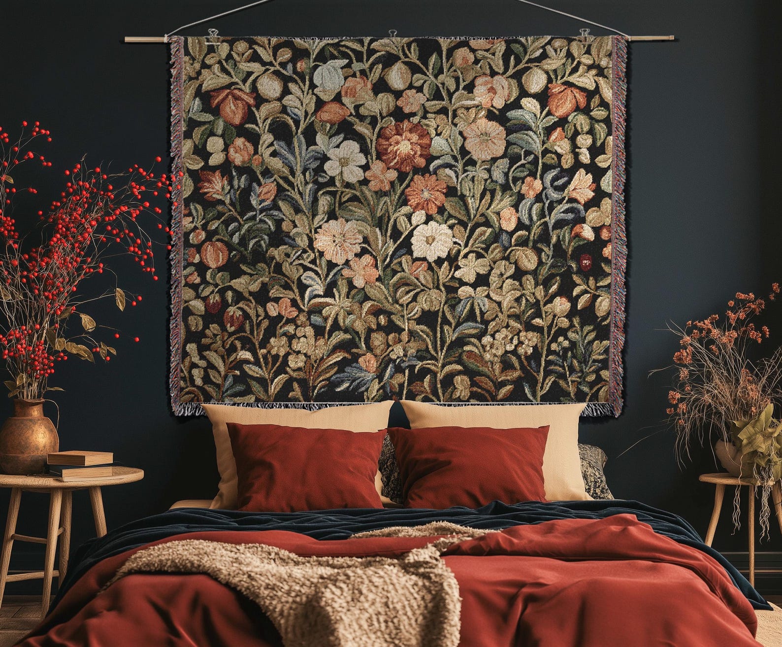 Floral French Tapestry Woven Dark Cottagecore Verdure Eclectic Textile Wall Decor Medieval ...
