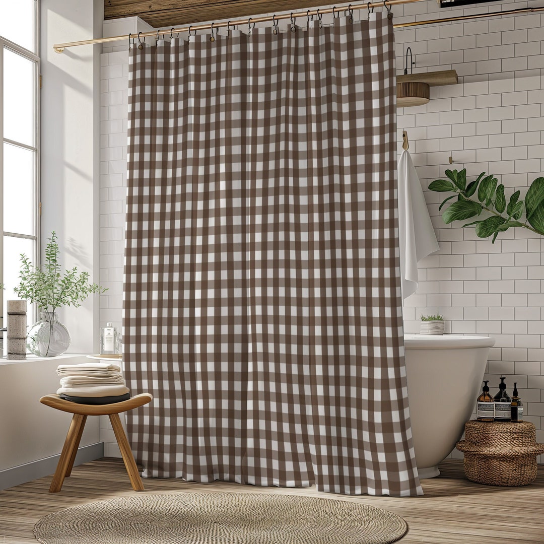 Gingham Shower Curtain Brown Bath Curtain Farmhouse Bathroom Accessoire