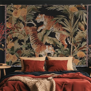 Tiger Tapestry Woven Cotton Green Jungle Tapestry Woven Maximalist Wall Tapestry Chinese Tiger tapestry Maximalist Wall hanging Tropical