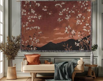 Tapiz de puesta de sol naranja quemado Japandi Tejido de algodón Paisaje Tejido Tapiz Atardecer Tejido Japonés Tapiz de pared Flor de cerezo naranja