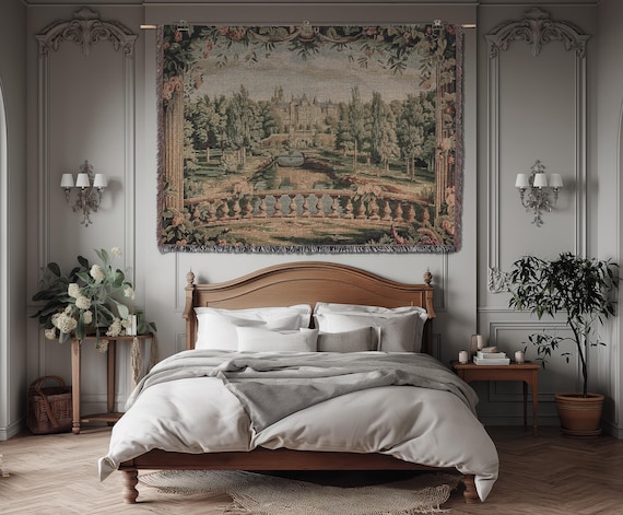 European Castle Tapestry Cotton Verdure French Chateau Wall Hanging Aubusson floral vintage tapestry French country Romantic landscape