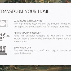 Może przedstawiać: Biała karta z napisem &bdquo;TRANSFORM YOUR HOME&rdquo; i trzema punktami opisującymi gobelin. Karta jest ozdobiona złotymi akcentami i znajduje się na tle gobelinu w stylu vintage.