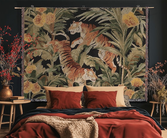 Tiger Tapestry Woven Cotton Green Jungle Tapestry Woven Maximalist Wall Tapestry Chinese Tiger tapestry Maximalist Wall hanging Tropical