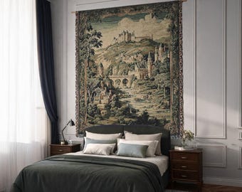 Medieval Castle Landscape Woven Tapestry Vintage European Cotton Wall Hanging Old World Castle Scene Throw Blanket Antique Style Verdure