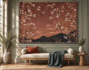 Burnt orange Sunset Tapestry Japandi Woven Cotton Landscape Woven Tapestry Sunset Japanese woven Wall Hanging Cherry blossom tapestry orange