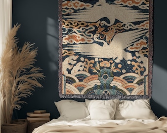 Korean Crane Woven Cotton Tapestry Wall Hanging Asian Boho Home Deco Bedroom textile Wall Art Korean wall hanging Blue and orange tapestry