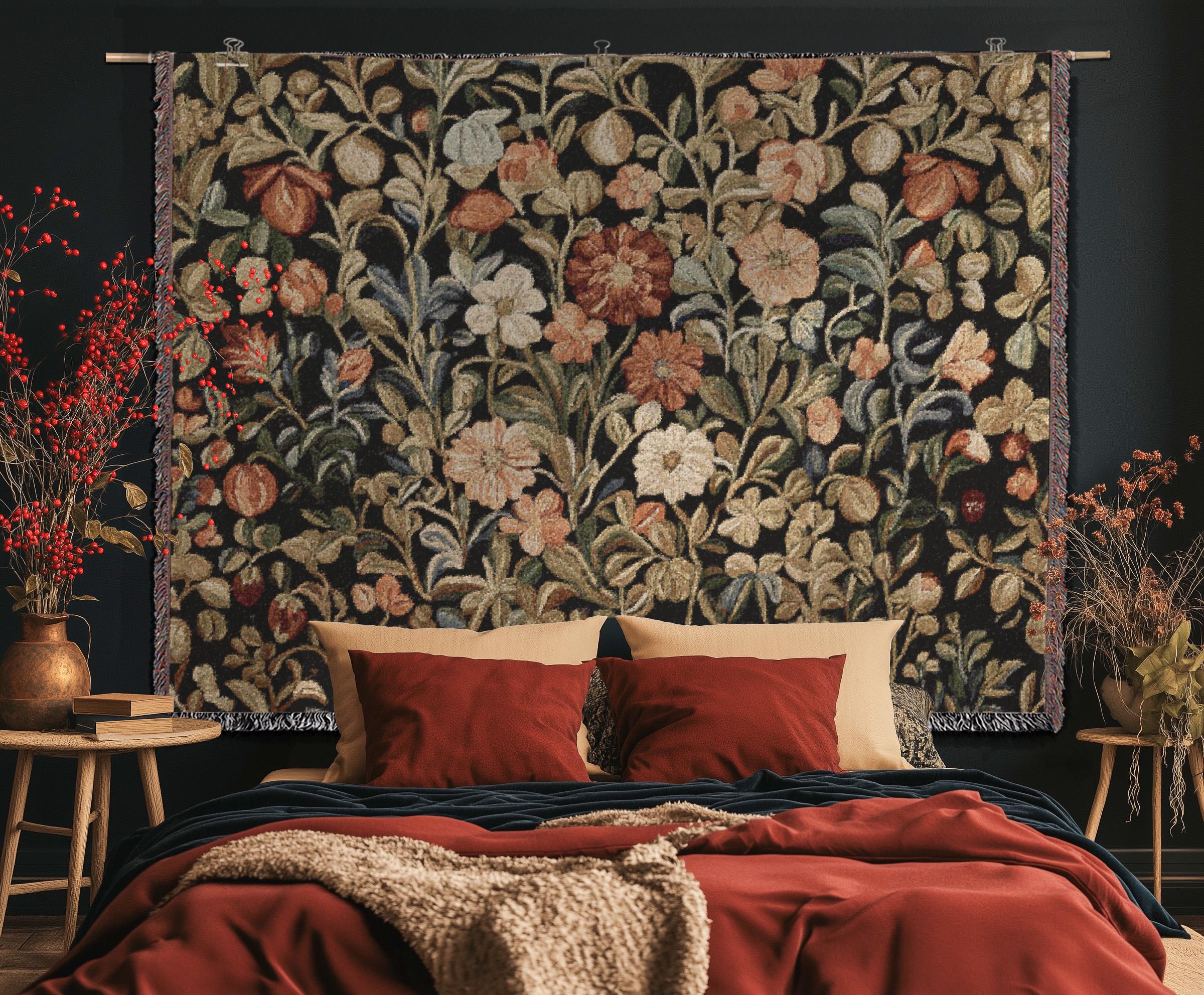 Image showcasing Floral French Tapestry Woven Dark Cottagecore Verdure Eclectic Textile Wall Decor Medieval ...