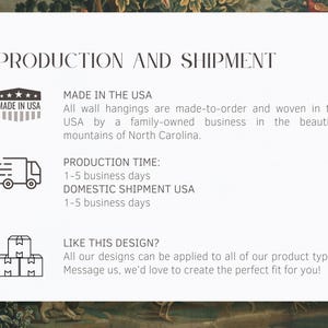 Puede incluir: Una tarjeta informativa rectangular blanca con ojales dorados en las esquinas que presenta el texto PRODUCTION AND SHIPMENT, MADE IN THE USA, PRODUCTION TIME: 1-5 business days, DOMESTIC SHIPMENT USA 1-5 business days y LIKE THIS DESIGN? con iconos.