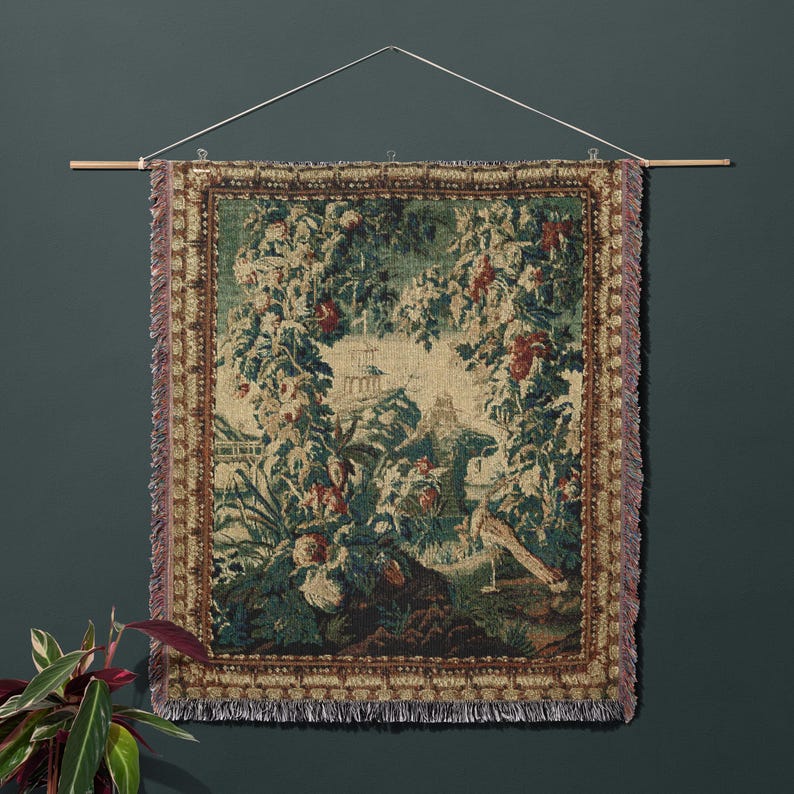 View of French Aubusson Verdure Woven Cotton Wall Tapestry Eclectic Textile Wall Decor Medieval Tapestry ...