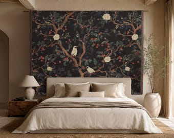 Woven Cotton bird wall hanging black bird and berry wall tapestry green boho tapestry black and red luxury floral wall hanging woven cotton