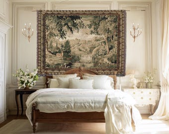 Verdure Deer Woven Tapestry Forest Vintage European Landscape Cotton Wall Hanging Beige Forest Landscape Stag Hunt Tapestry Antique Style
