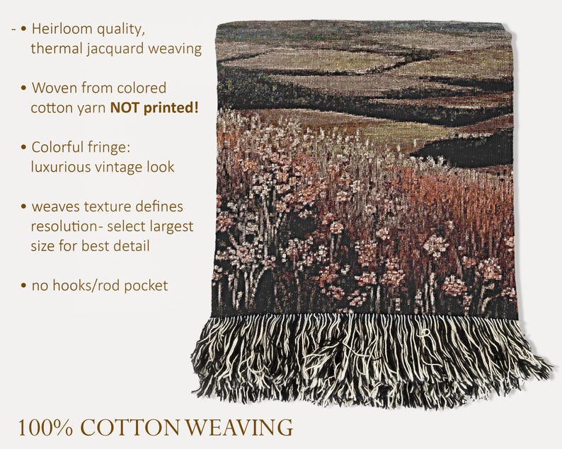 May include: A cotton woven throw blanket with a landscape design. The blanket features a detailed depiction of a field with flowers in shades of brown, green, and red. It has a fringe along the bottom edge and the text "100% COTTON WEAVING".