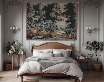 Woodland woven wall tapestry cotton wall tapestry antique european wall hanging french woven medieval cotton tapestry blanket fringed