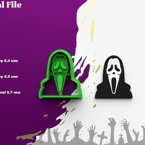 Könnte beinhalten: Eine 3D-druckbare STL-Datei für einen Ghostface-Masken-Ausstecher. Das Bild zeigt den Ausstecher in Grün und Schwarz vor einem weißen Hintergrund. Der Text "STL" befindet sich in einem Kasten in der oberen rechten Ecke des Bildes. Der Text "Digital File" befindet sich in der oberen linken Ecke des Bildes.