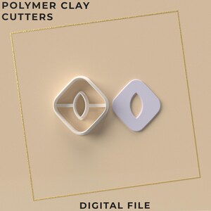 May include: Two polymer clay cutters, one white and one lilac, in a geometric design. The cutters are diamond-shaped with an oval cutout in the center. The text "POLYMER CLAY CUTTERS" and "DIGITAL FILE" are visible.