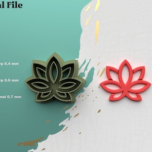 May include: A digital file for 3D printing a lotus flower design. The file is available in STL format. The image shows two versions of the design, one in green and one in red.