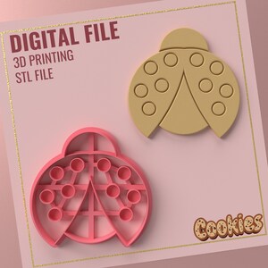 May include: Two 3D printable STL files for ladybug cookie cutters. One is pink and the other is beige. The text "DIGITAL FILE", "3D PRINTING", "STL FILE", and "Cookies" is visible in the image.