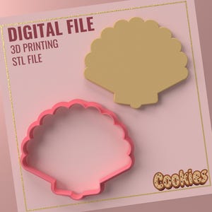 May include: Two 3D printed cookie cutters in the shape of a seashell. The top cutter is beige and the bottom cutter is pink. The text "DIGITAL FILE" is in the top left corner of the image. The text "3D PRINTING" is below the first line of text. The text "STL FILE" is below the second line of text. The text "Cookies" is in the bottom right corner of the image.