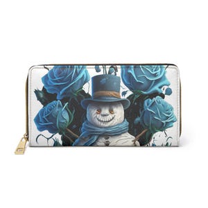 Reißverschluss-Mappe, Schneemann und blaue Rosen-Design, handgemachte Geldbörse, Blumenkartenhalter, Weihnachtsgeschenk, Winter-Accessoire