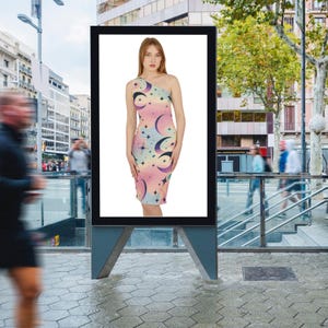 Moons Stars  Pattern Shoulder Dress, Women&#39;s Fashion Apparel, Summer Sundress, Casual Beach Wear, Boho Chic Clothing, Vibrant Print Dress