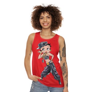 Betty Boop Hip-Hop Tank Top, 1930s Cartoon Character Baseball Cap Gold Chain Microphone Pendant Baggy Pants Flapper Top Pose, Unisex Tee,