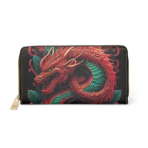 Cartera con cremallera, diseño de dragón rojo y rosas, monedero gótico, bolso de mano exclusivo, tarjetero de fantasía, regalo para ella