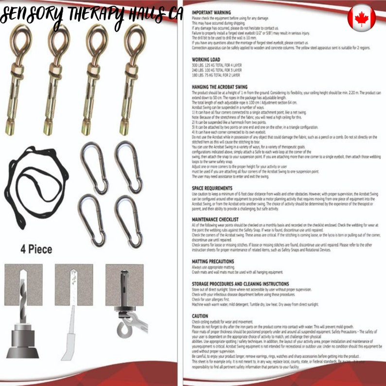 May include: A set of four heavy-duty metal hooks with a rope and instructions for hanging an acrobat swing. The instructions include safety precautions, maintenance, and storage procedures. The product is labelled "Sensory Therapy Haus CA".