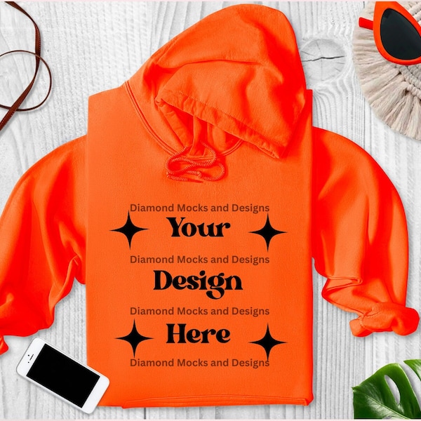 Gildan 18500 Hoodie Mockup | G185 Hooded Sweatshirt Mock-up | Orange Mockup | Neutral Casual Simple Gildan 18500 Mockup | Flat Lay Mock