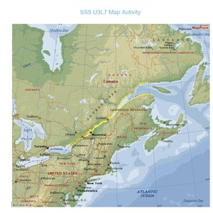 Könnte beinhalten: Eine Karte von Nordamerika mit Schwerpunkt auf den Osten der Vereinigten Staaten und Kanadas. Die Karte zeigt wichtige Städte, Gewässer und geografische Merkmale. Die Karte ist mit dem Titel "SS5 U3L7 Map Activity" beschriftet.