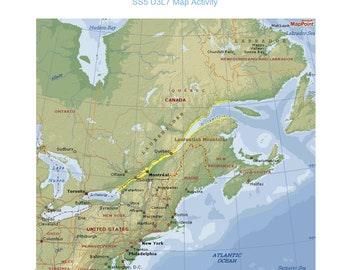 May include: A map of North America focusing on the eastern United States and Canada. The map shows major cities, bodies of water, and geographical features. The map is labelled with the title "SS5 U3L7 Map Activity".