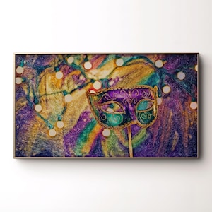 Frame TV Art Mardi Gras, Carnival mask painting for Samsung TV, Colorful moody spring party artwork, Abstract purple gold masquerade decor
