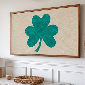 Frame TV Art St Patricks Day, Textured teal clover artwork, Minimalist neutral spring shamrock, Abstract modern green Irish Samsung frame TV