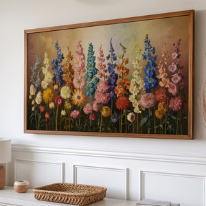 Bloemen lente frame tv-kunst, humeurige bloemenschilderij, kleurrijke vintage pastel wilde bloemen, boho digitale kunst voor Samsung tv-behang