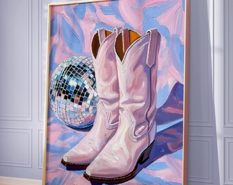Disco Cowgirl Rosa Tryck Western Coquette Boots Väggkonst för Estetiskt Studentrum, Utskrivbar Poster Gåva för Studenttjej Digital Festdekor