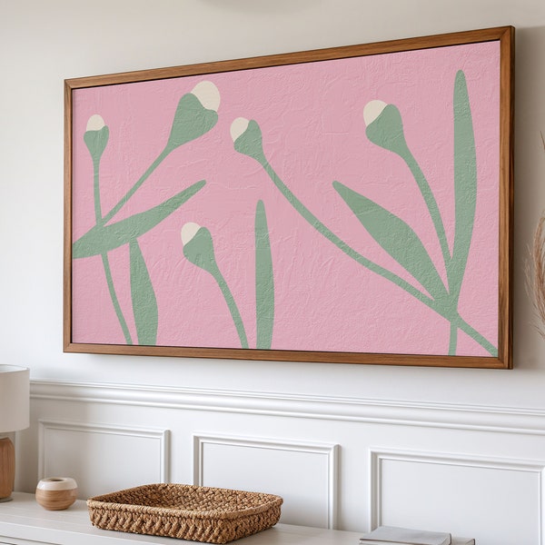 Minimalist Floral Frame Art TV, Sage Green&pink Plant Art, Abstract Botanical Artwork, Modern Home Decor, flower Aesthetic, instant download