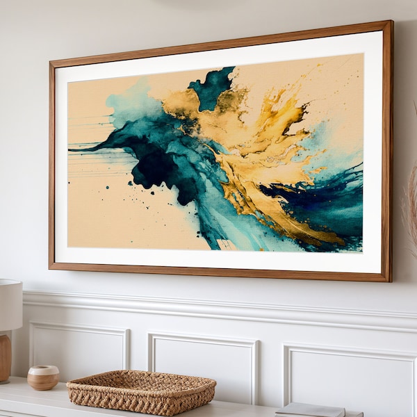 Abstract Painting Frame Art Samsung TV, Blue&Gold Jewel tone artwork, Modern Aesthetic housewarming gift living room decor, Instant Download