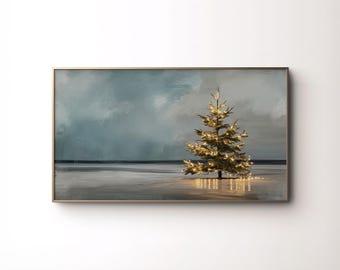 May include: A painting of a lone Christmas tree with white lights on a beach with a blue sky and clouds in the background.