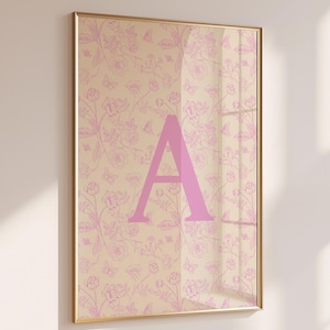 Custom Letter Wall Art Pink Floral Initial Print Personalized Gift College Girl Bedroom Decor Monogram Name Poster Aesthetic Dorm Teen Room